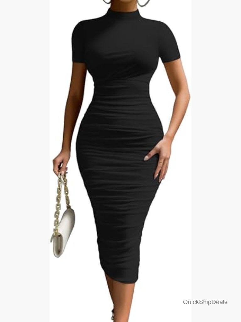 Bodycon High Neck Short Sleeve Ruched Midi Cocktail Dress With Back Zipper